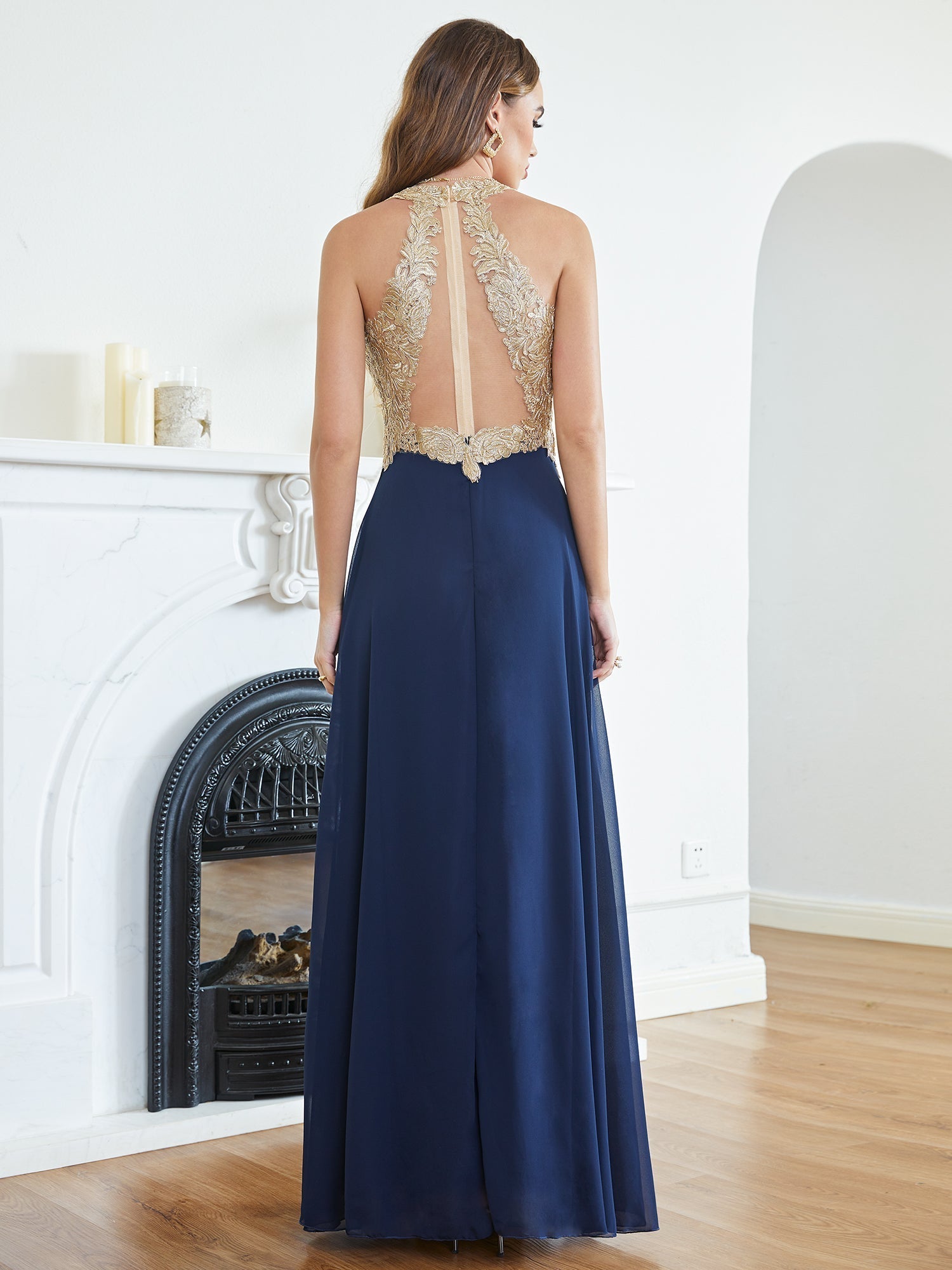 Long A Line Halter Gold Appliques Chiffon Wedding Party Dress