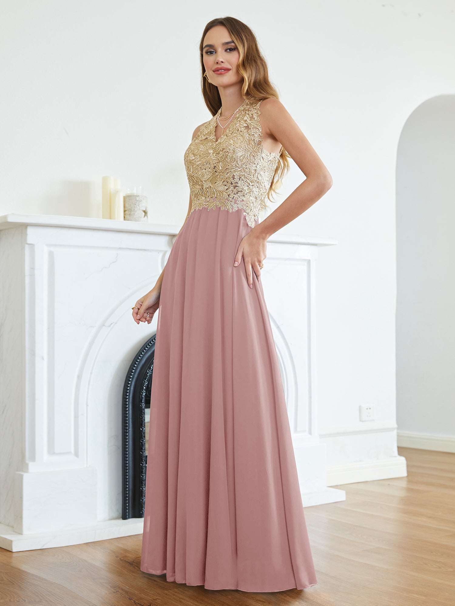 Long A Line Halter Gold Appliques Chiffon Wedding Party Dress