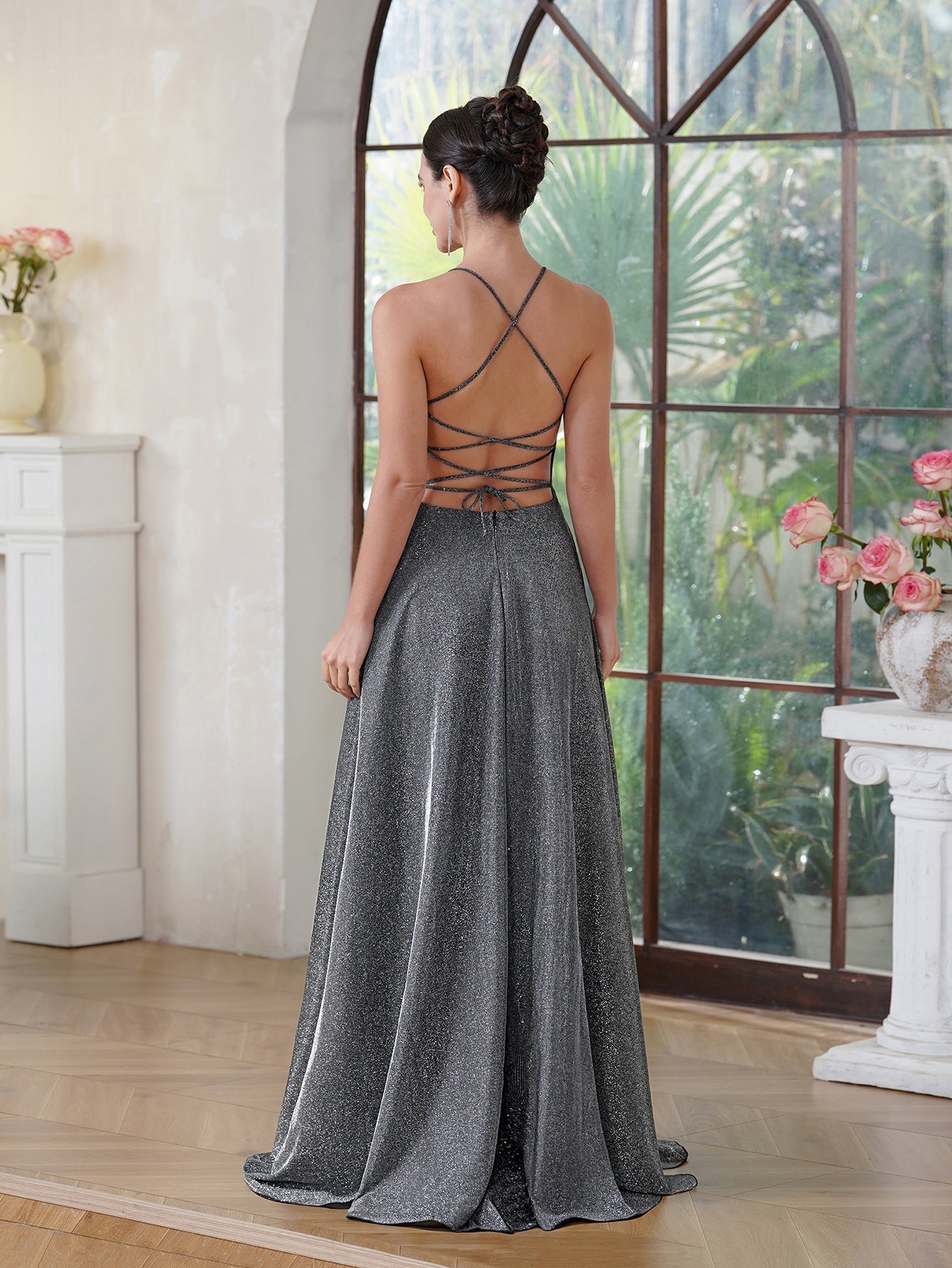 Long A-line Halter V-Neck Side Split Glitter Formal Prom Dresses with Pocket