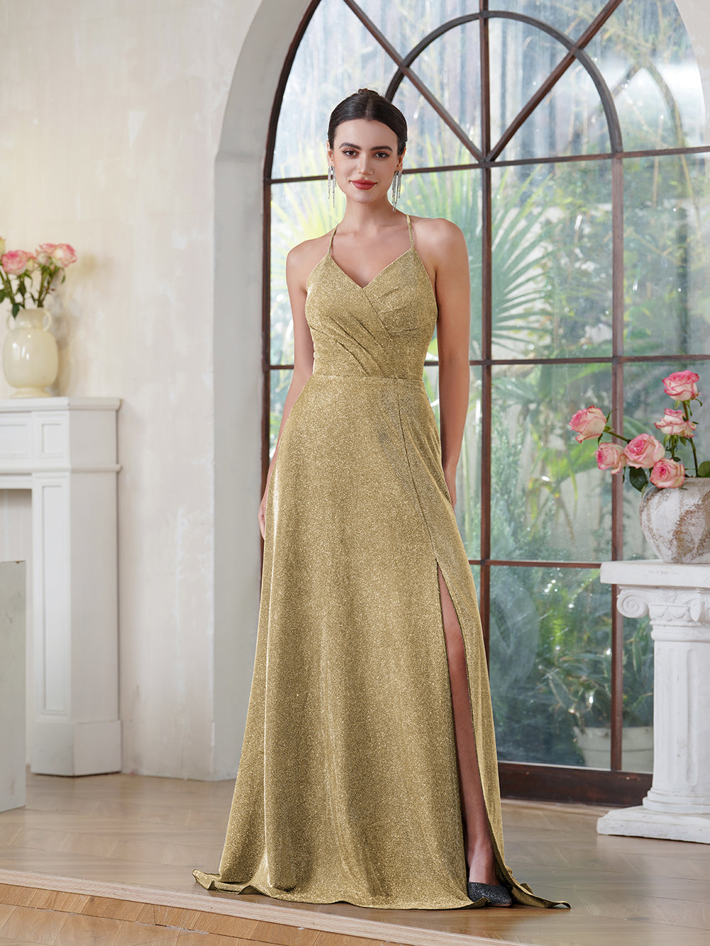 Long A-line Halter V-Neck Side Split Glitter Formal Prom Dresses with Pocket