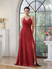 Long A-line Halter V-Neck Side Split Glitter Formal Prom Dresses with Pocket