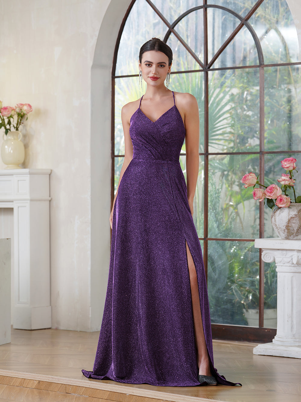Long A-line Halter V-Neck Side Split Glitter Formal Prom Dresses with Pocket