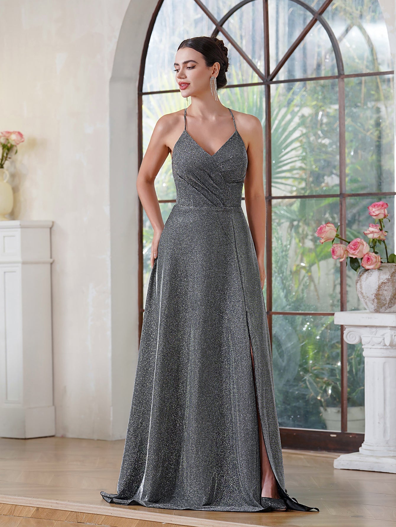 Long A-line Halter V-Neck Side Split Glitter Formal Prom Dresses with Pocket