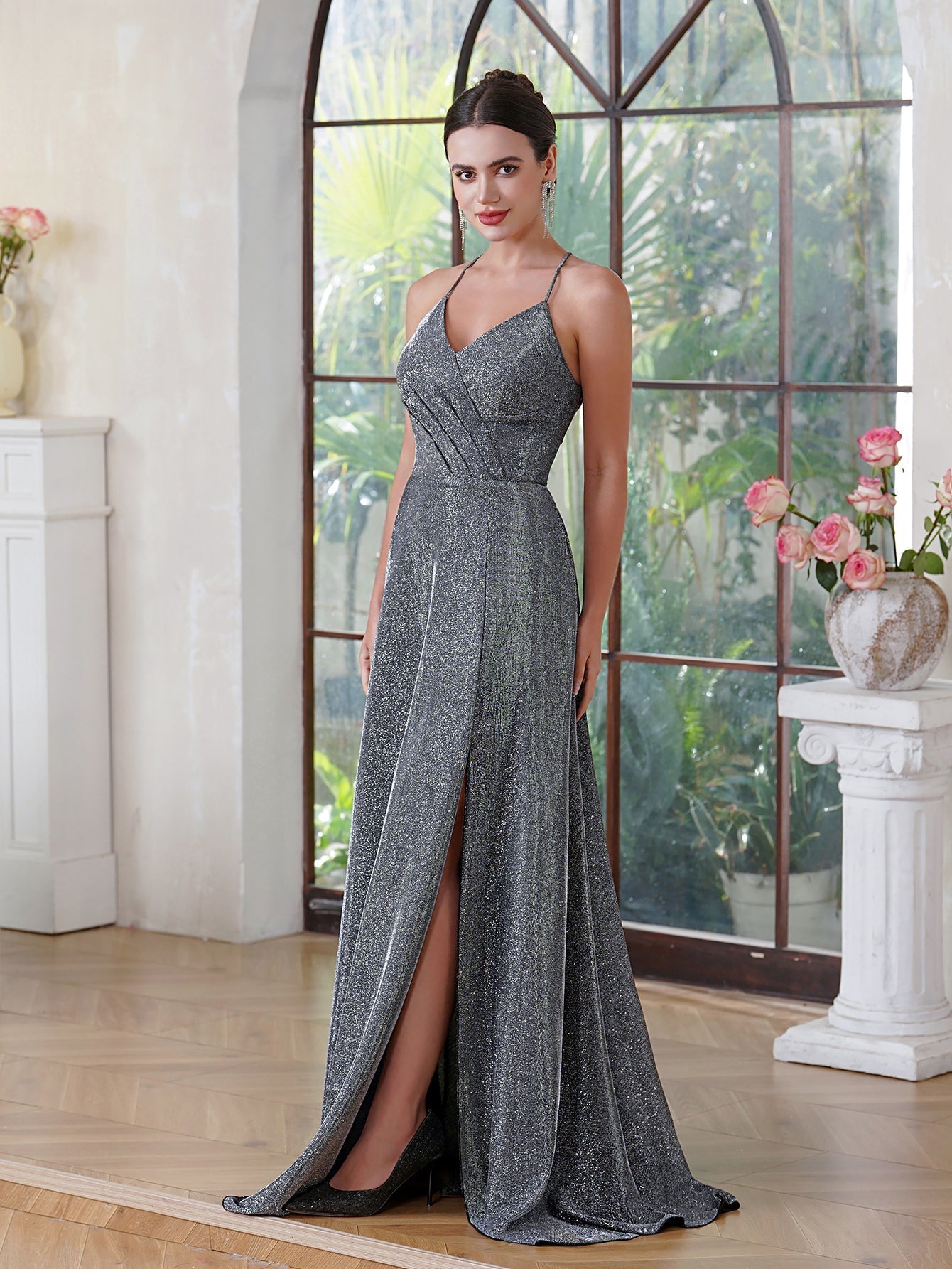 Long A-line Halter V-Neck Side Split Glitter Formal Prom Dresses with Pocket