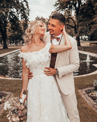 Long A-Line Off-the-Shoulder Wedding Dress with 3D Floral Lace Appliques