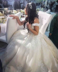 Long A-line Princess Wedding Dress Off-The-Shoulder With Tulle Lace