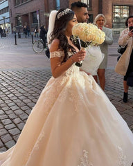Long A-line Princess Wedding Dress Off-The-Shoulder With Tulle Lace
