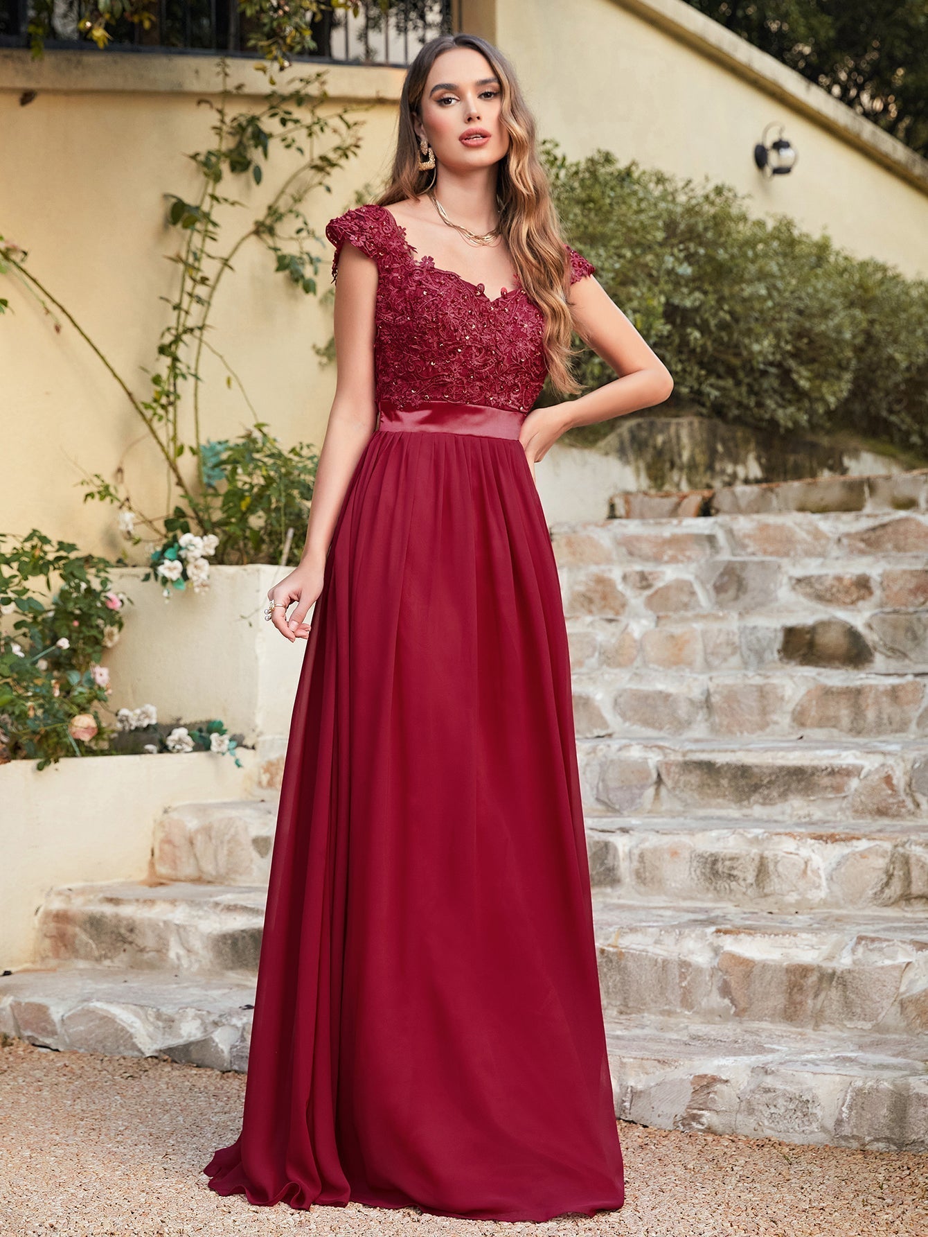 Long A line Scoop Neck Chiffon Floor Length Dress Lace Bridesmaid Dress