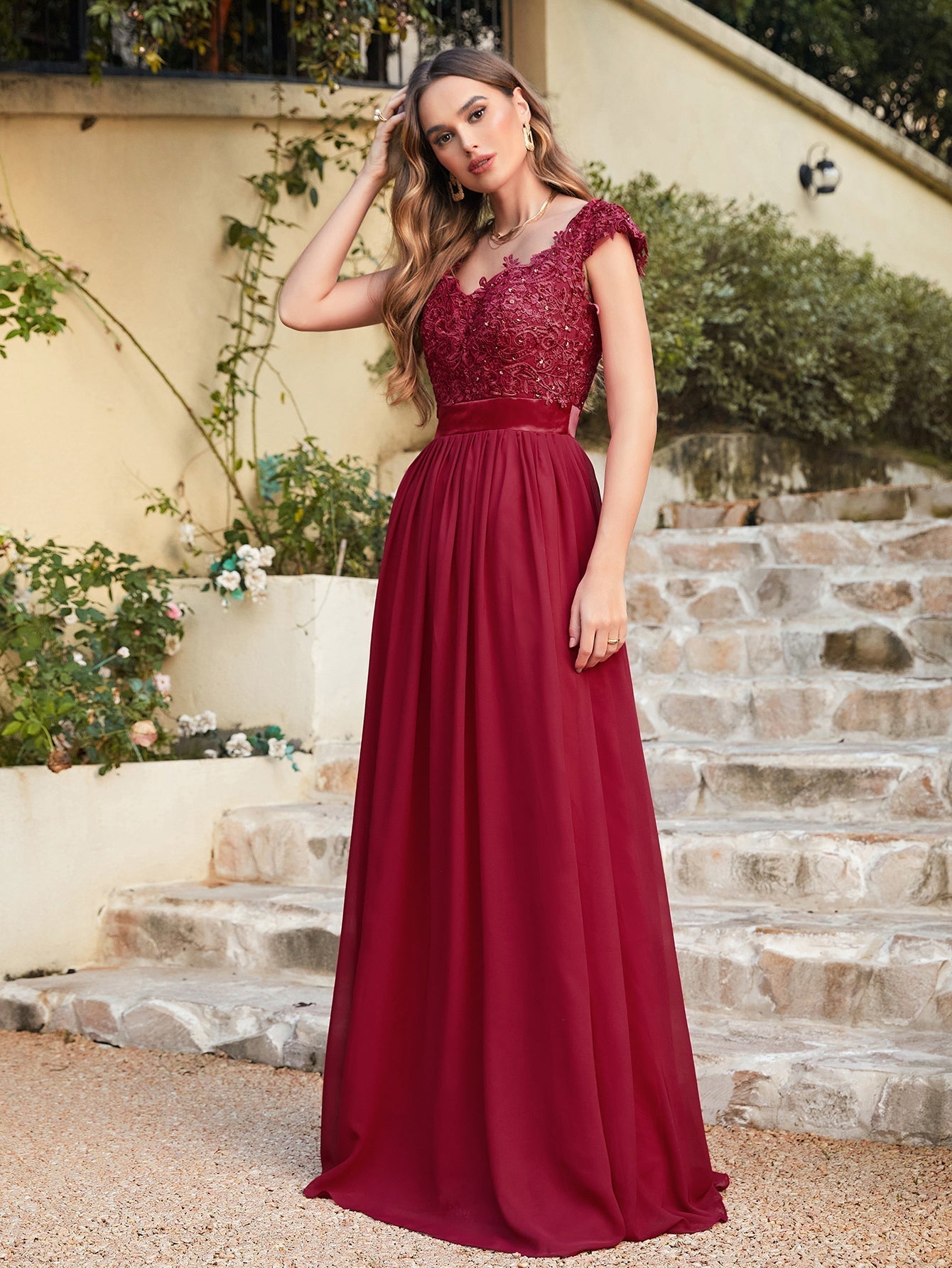 Long A line Scoop Neck Chiffon Floor Length Dress Lace Bridesmaid Dress