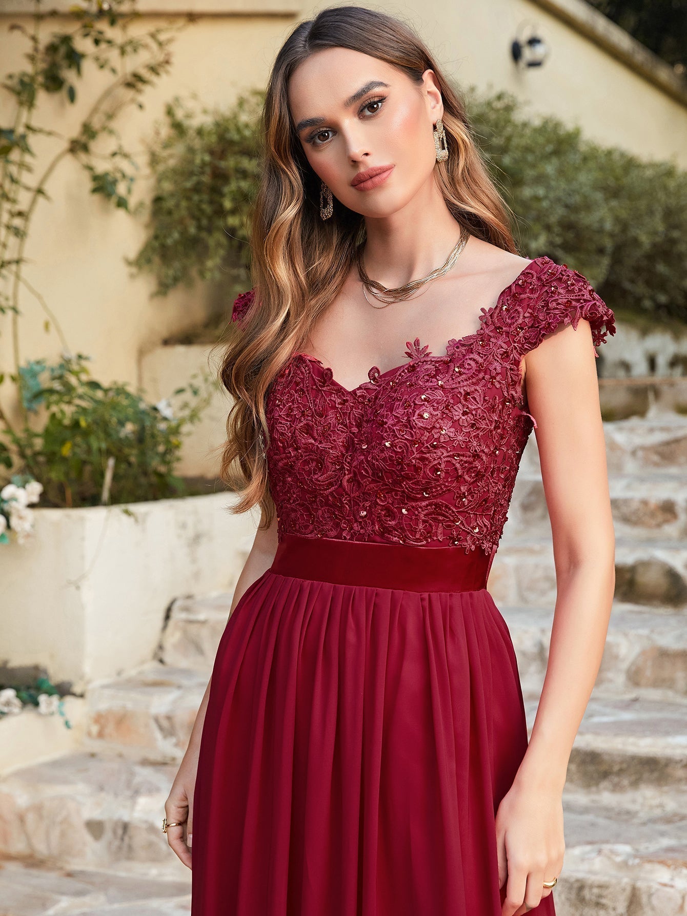 Long A line Scoop Neck Chiffon Floor Length Dress Lace Bridesmaid Dress