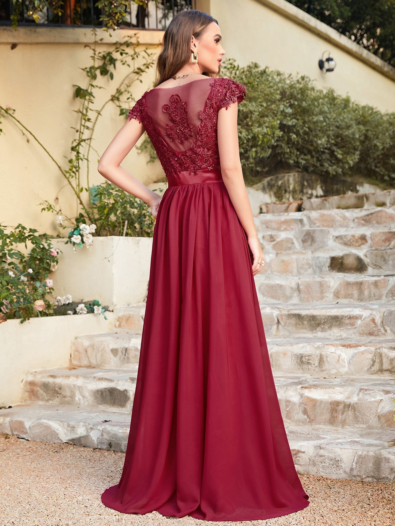 Long A line Scoop Neck Chiffon Floor Length Dress Lace Bridesmaid Dress