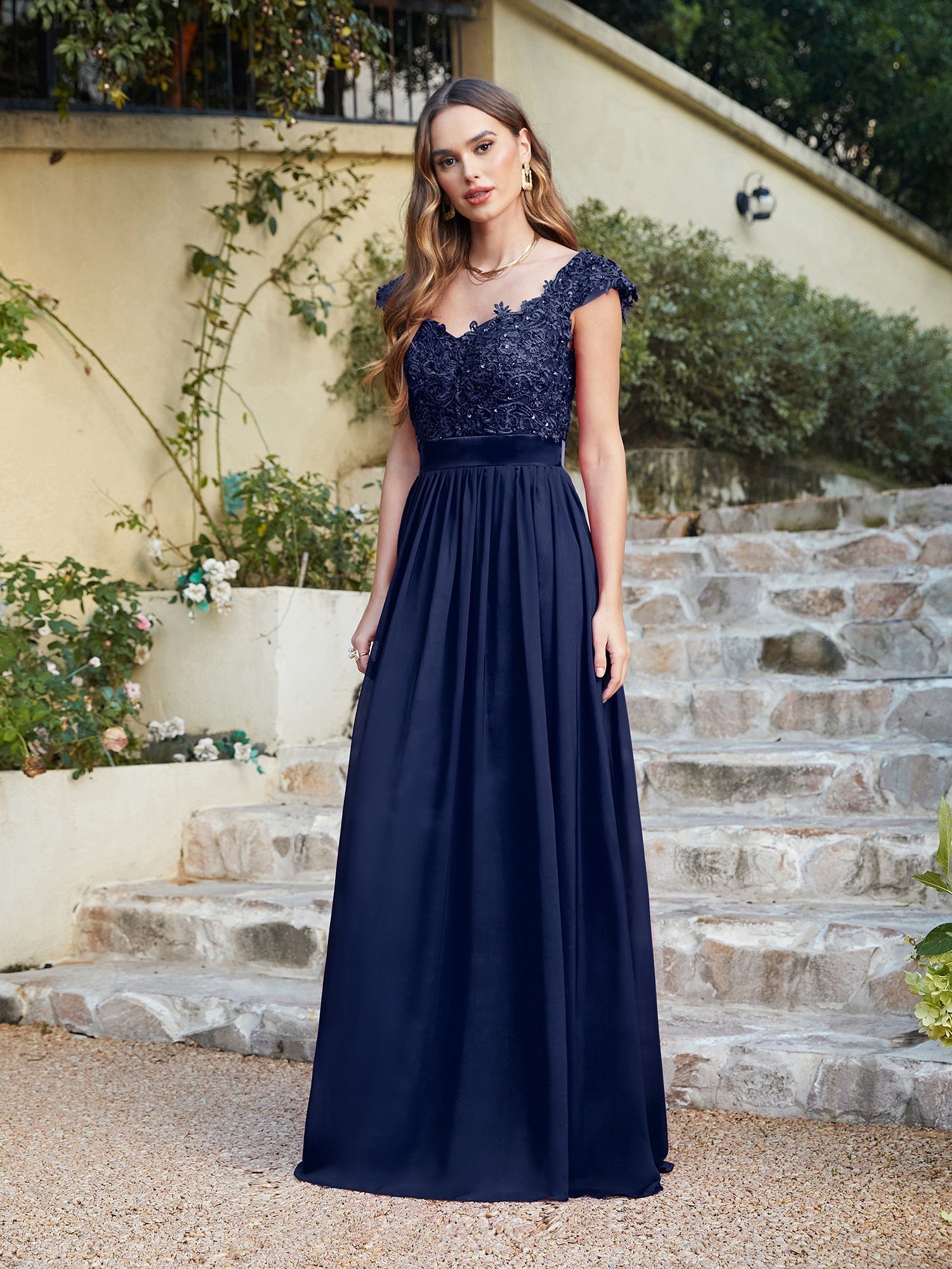 Long A line Scoop Neck Chiffon Floor Length Dress Lace Bridesmaid Dress