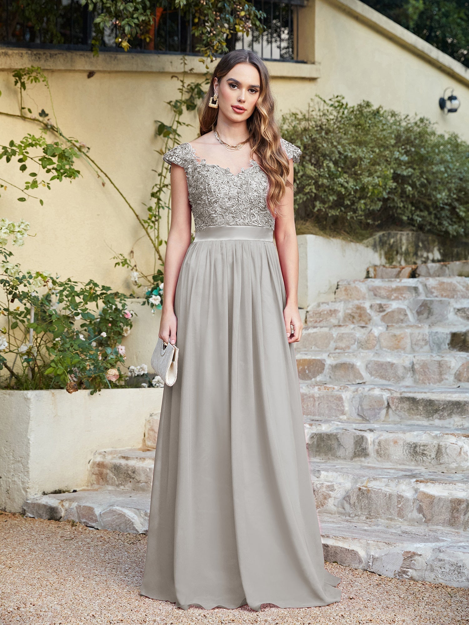 Long A line Scoop Neck Chiffon Floor Length Dress Lace Bridesmaid Dress