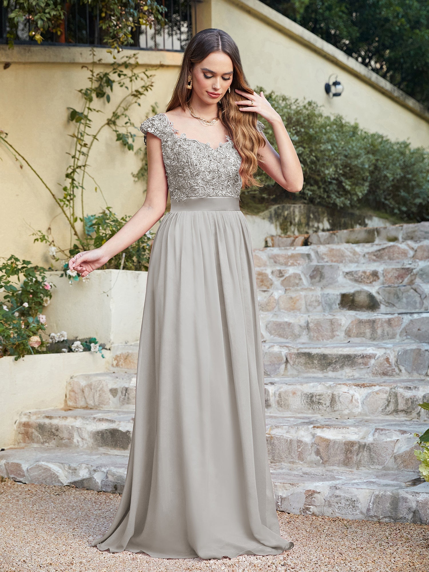 Long A line Scoop Neck Chiffon Floor Length Dress Lace Bridesmaid Dress