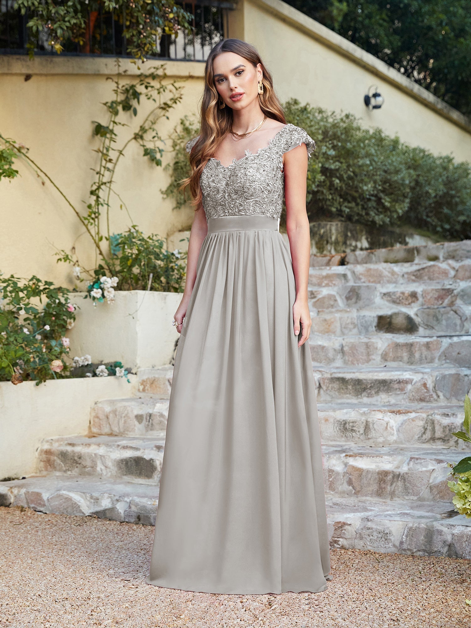 Long A line Scoop Neck Chiffon Floor Length Dress Lace Bridesmaid Dress