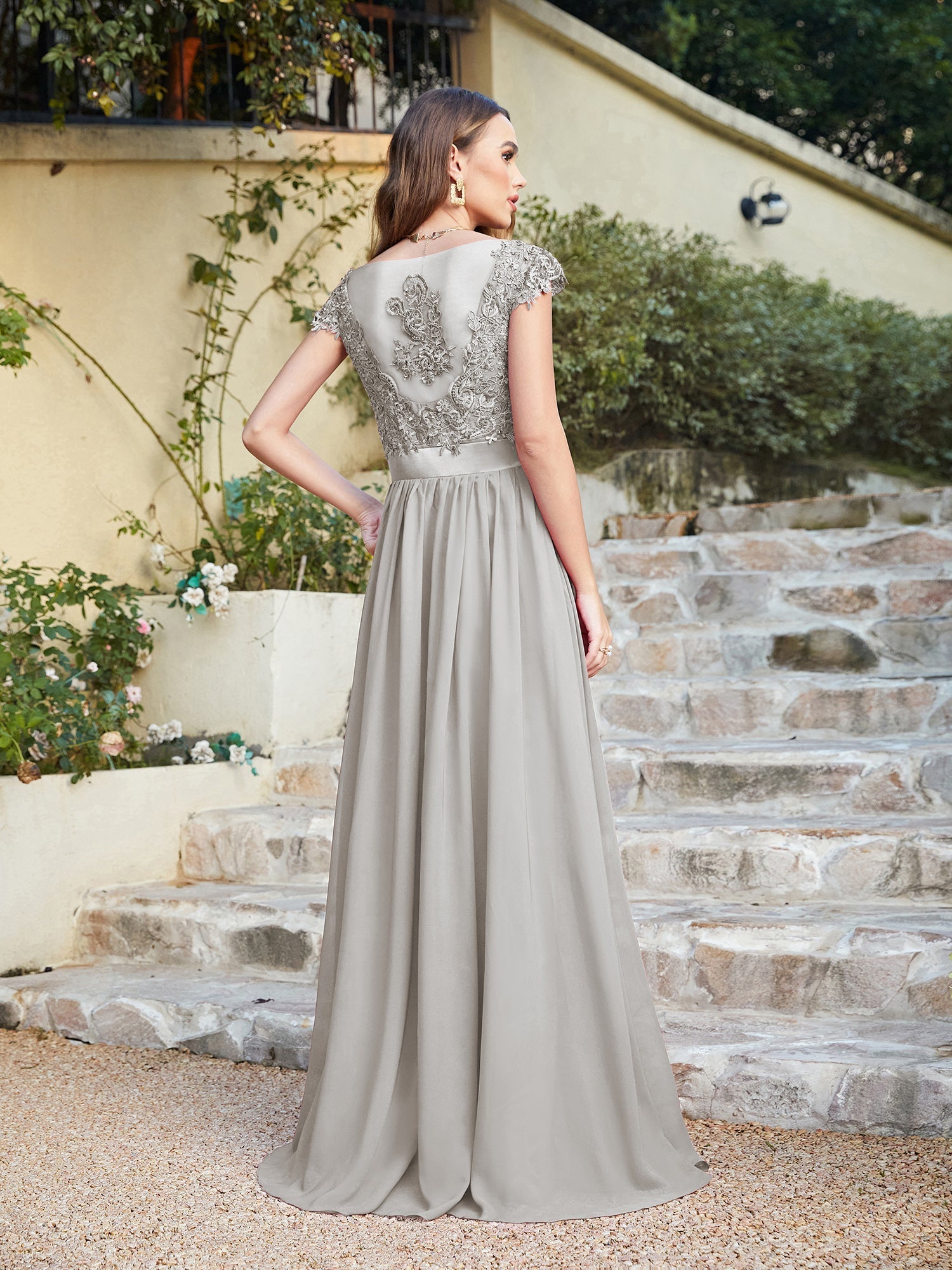 Long A line Scoop Neck Chiffon Floor Length Dress Lace Bridesmaid Dress
