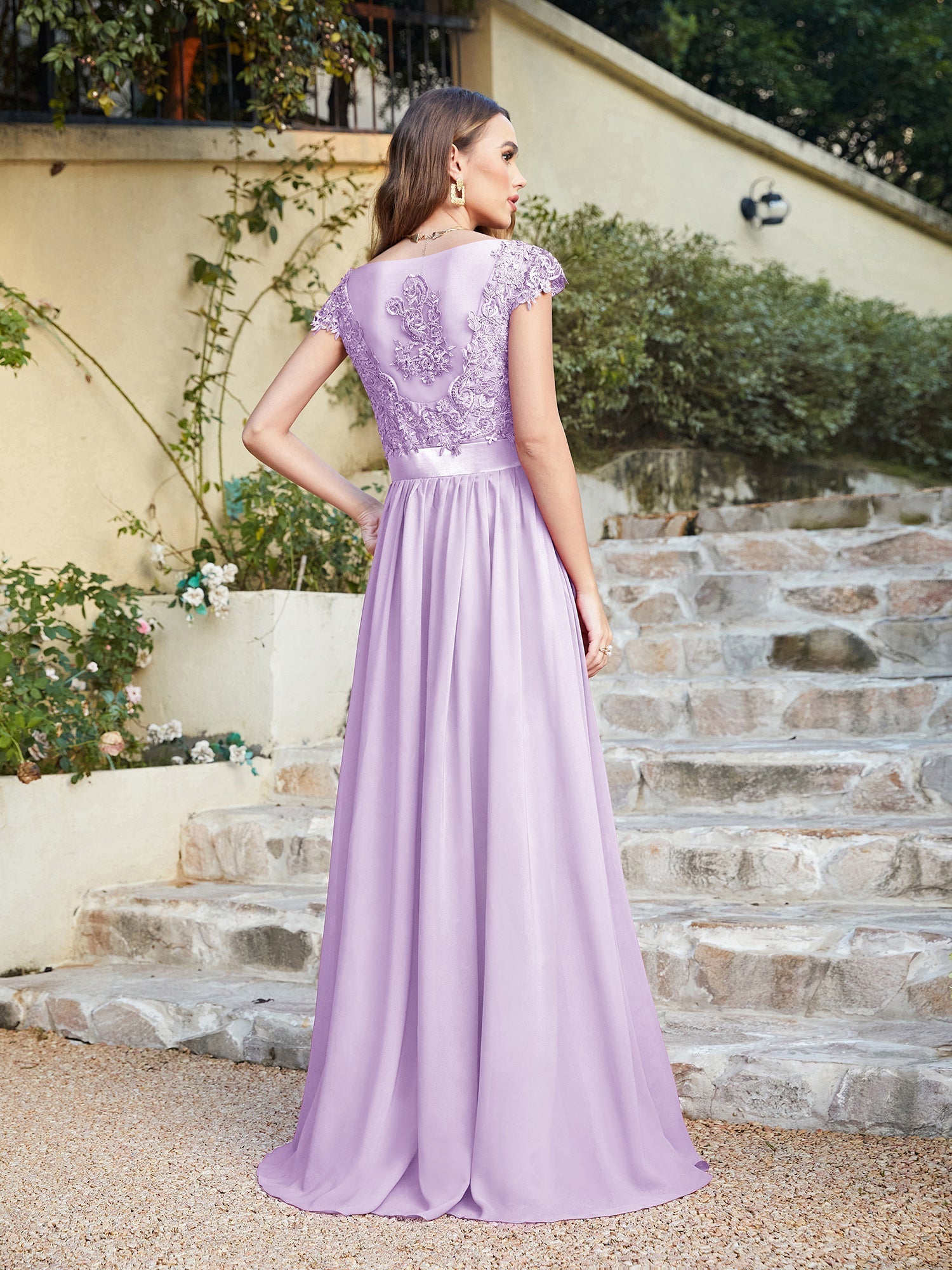 Long A line Scoop Neck Chiffon Floor Length Dress Lace Bridesmaid Dress