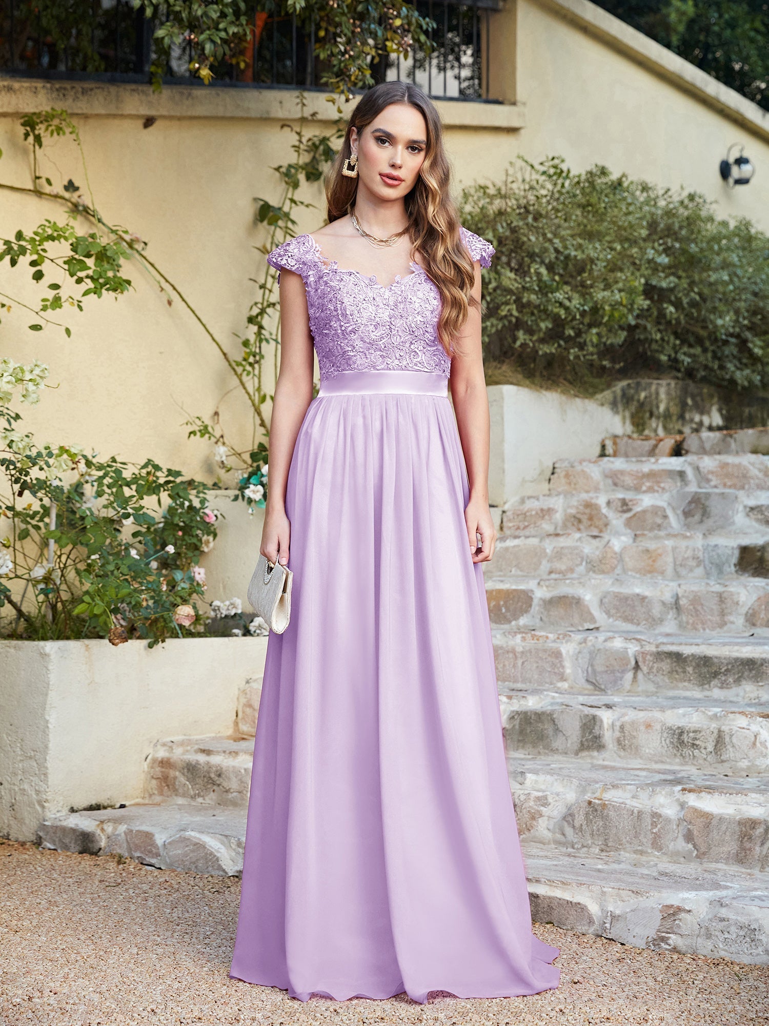 Long A line Scoop Neck Chiffon Floor Length Dress Lace Bridesmaid Dress