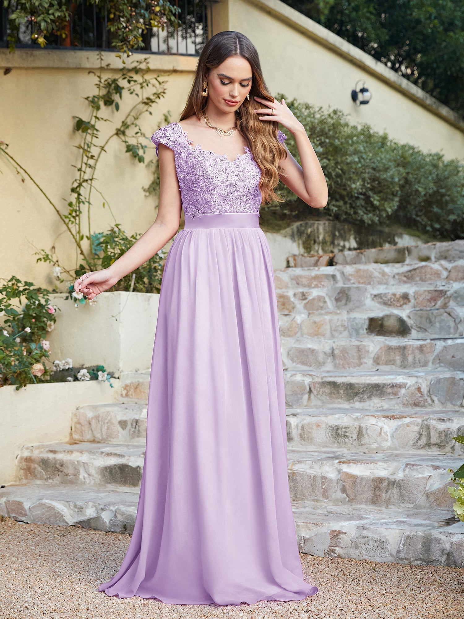 Long A line Scoop Neck Chiffon Floor Length Dress Lace Bridesmaid Dress