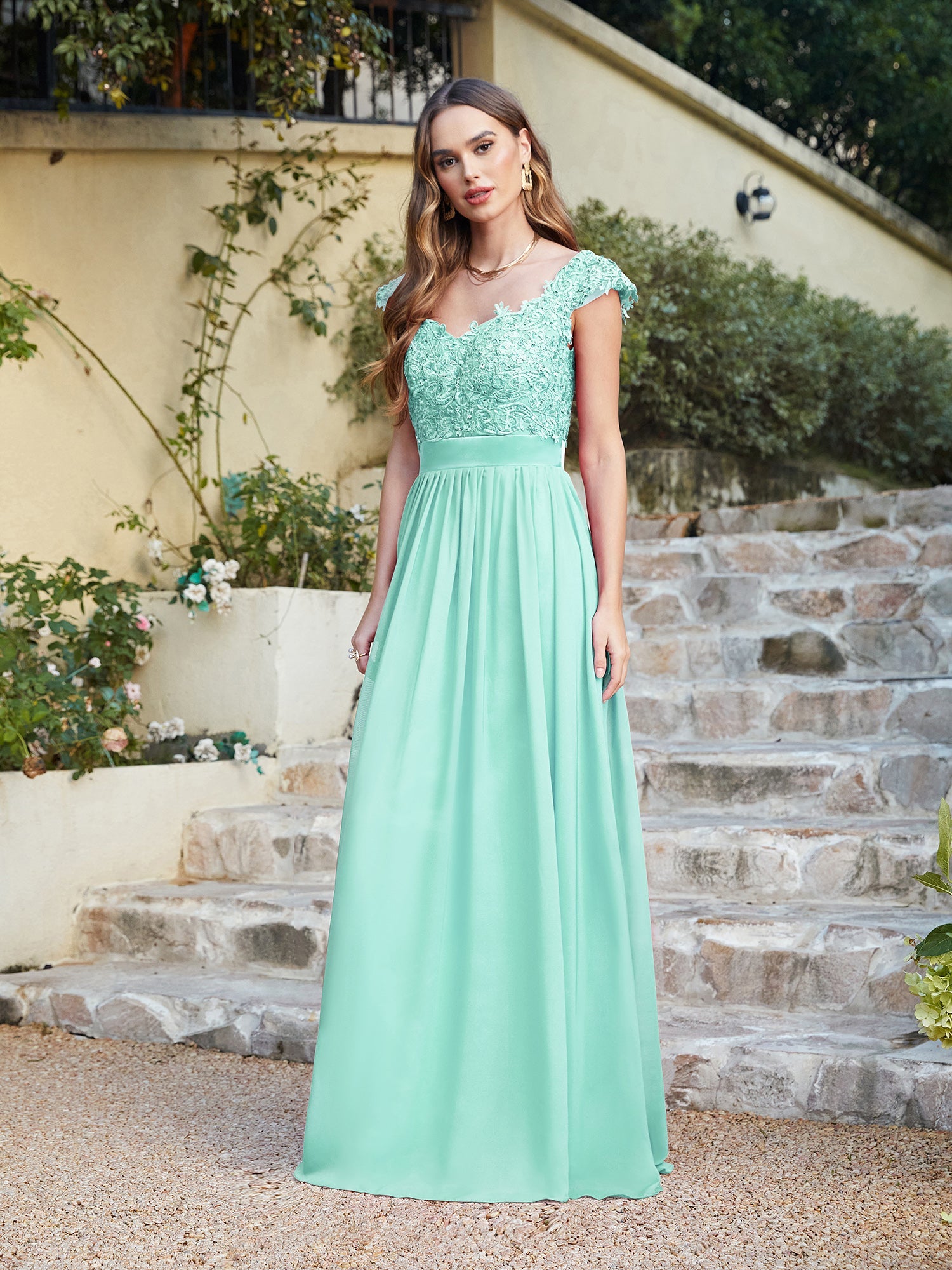 Long A line Scoop Neck Chiffon Floor Length Dress Lace Bridesmaid Dress