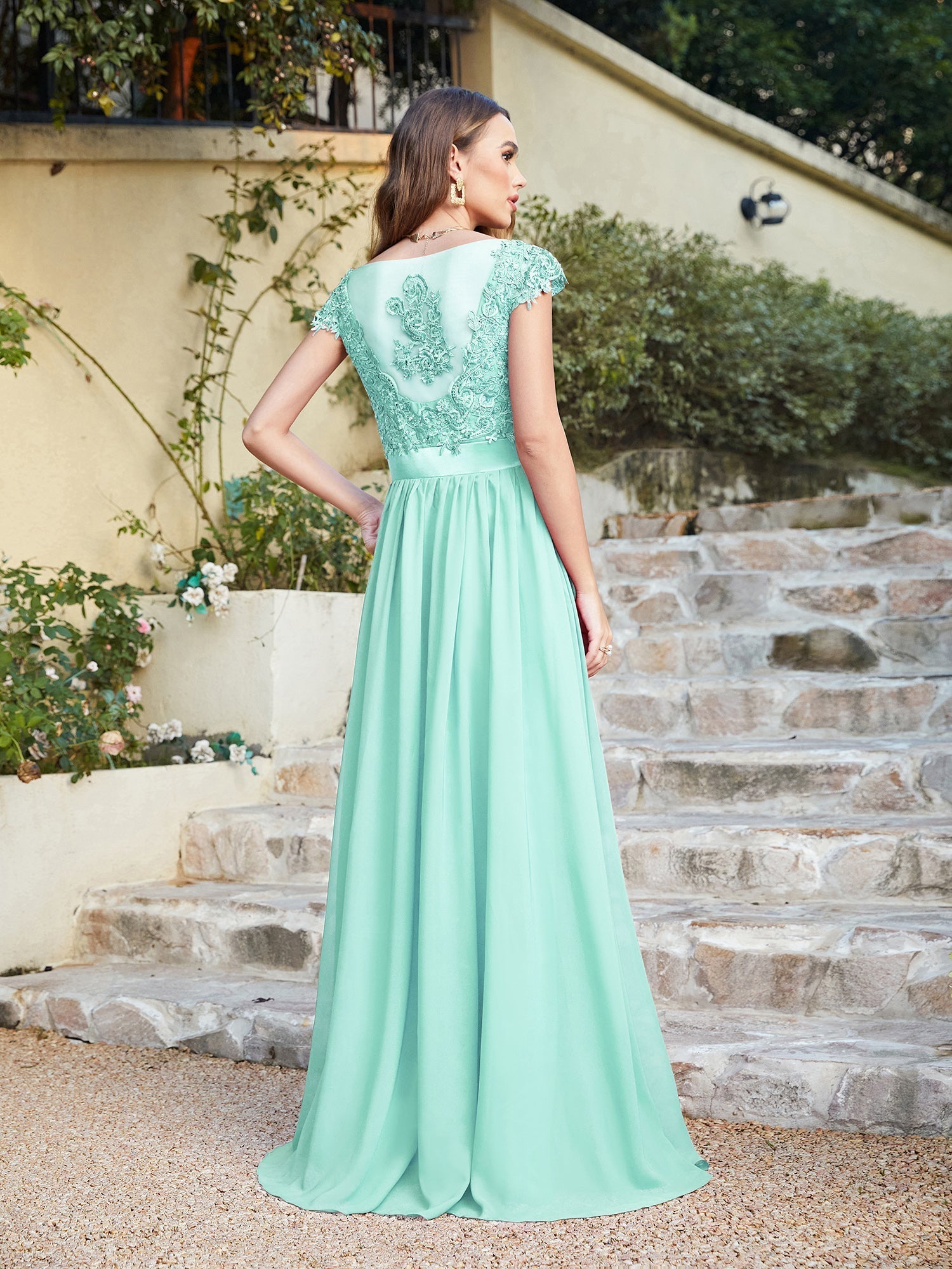 Long A line Scoop Neck Chiffon Floor Length Dress Lace Bridesmaid Dress