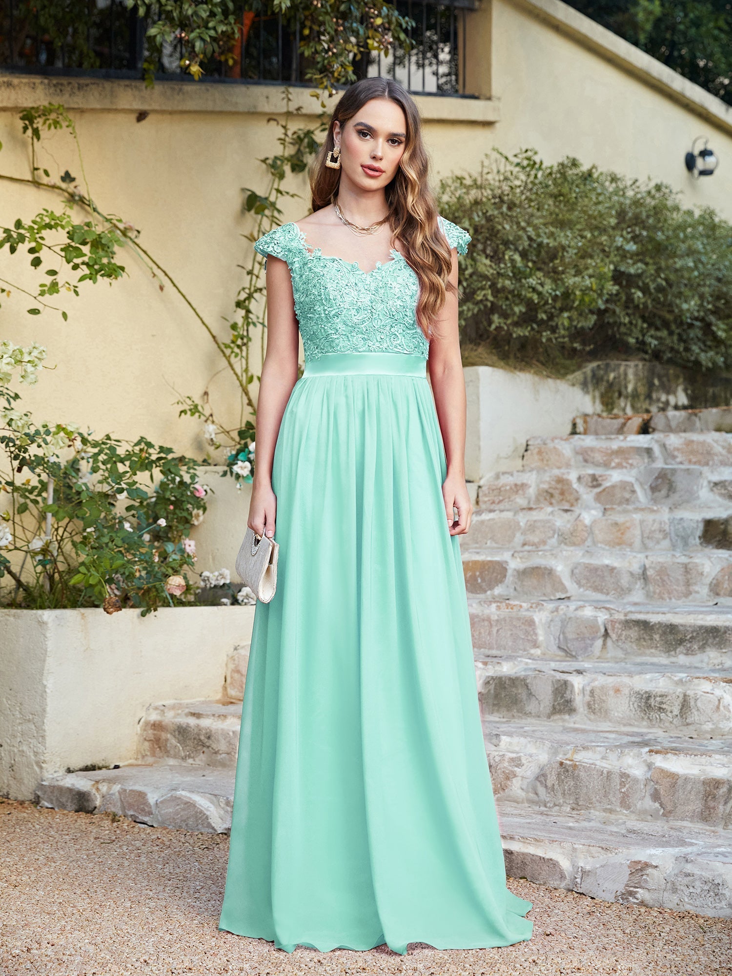 Long A line Scoop Neck Chiffon Floor Length Dress Lace Bridesmaid Dress