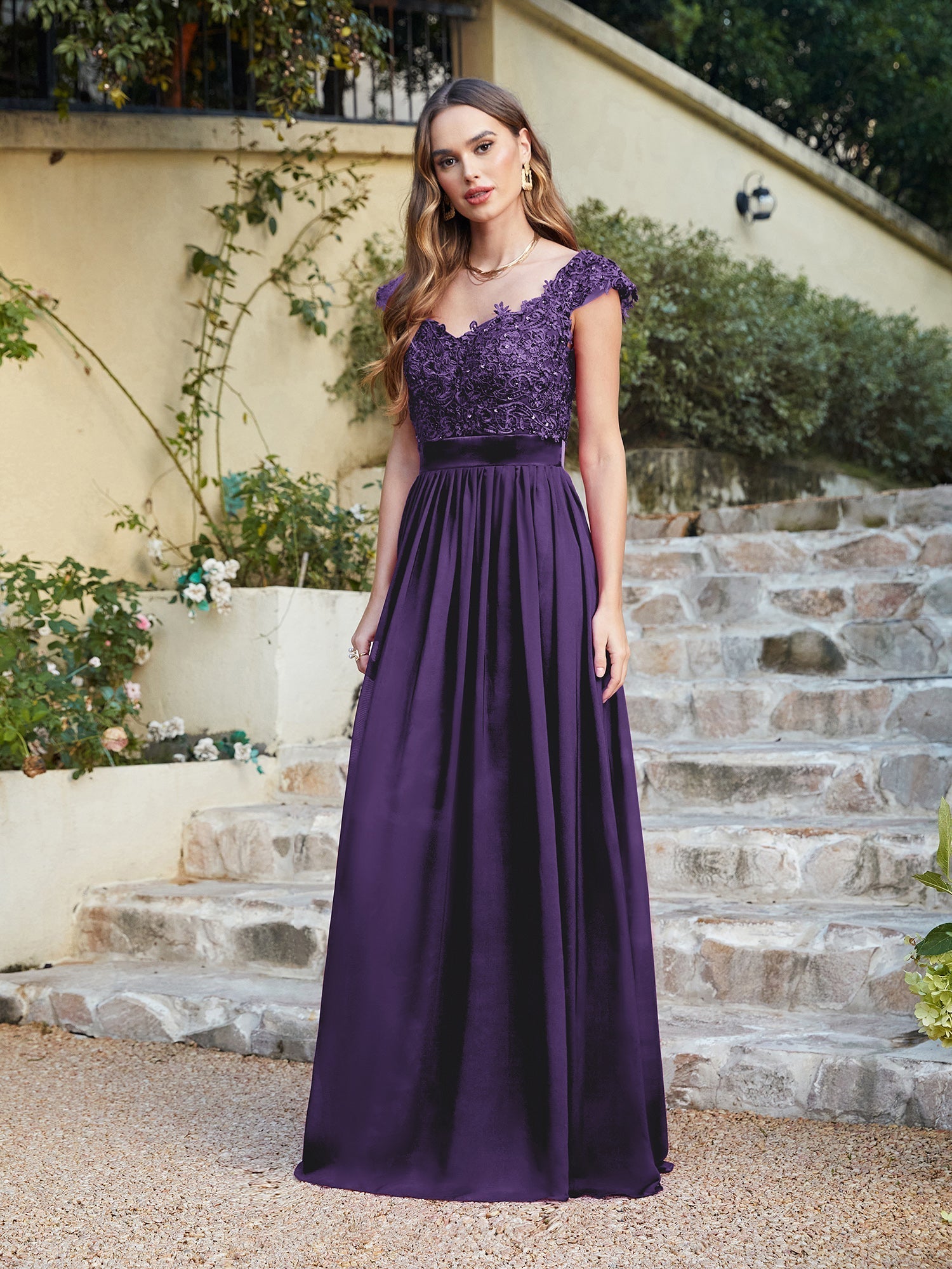 Long A line Scoop Neck Chiffon Floor Length Dress Lace Bridesmaid Dress