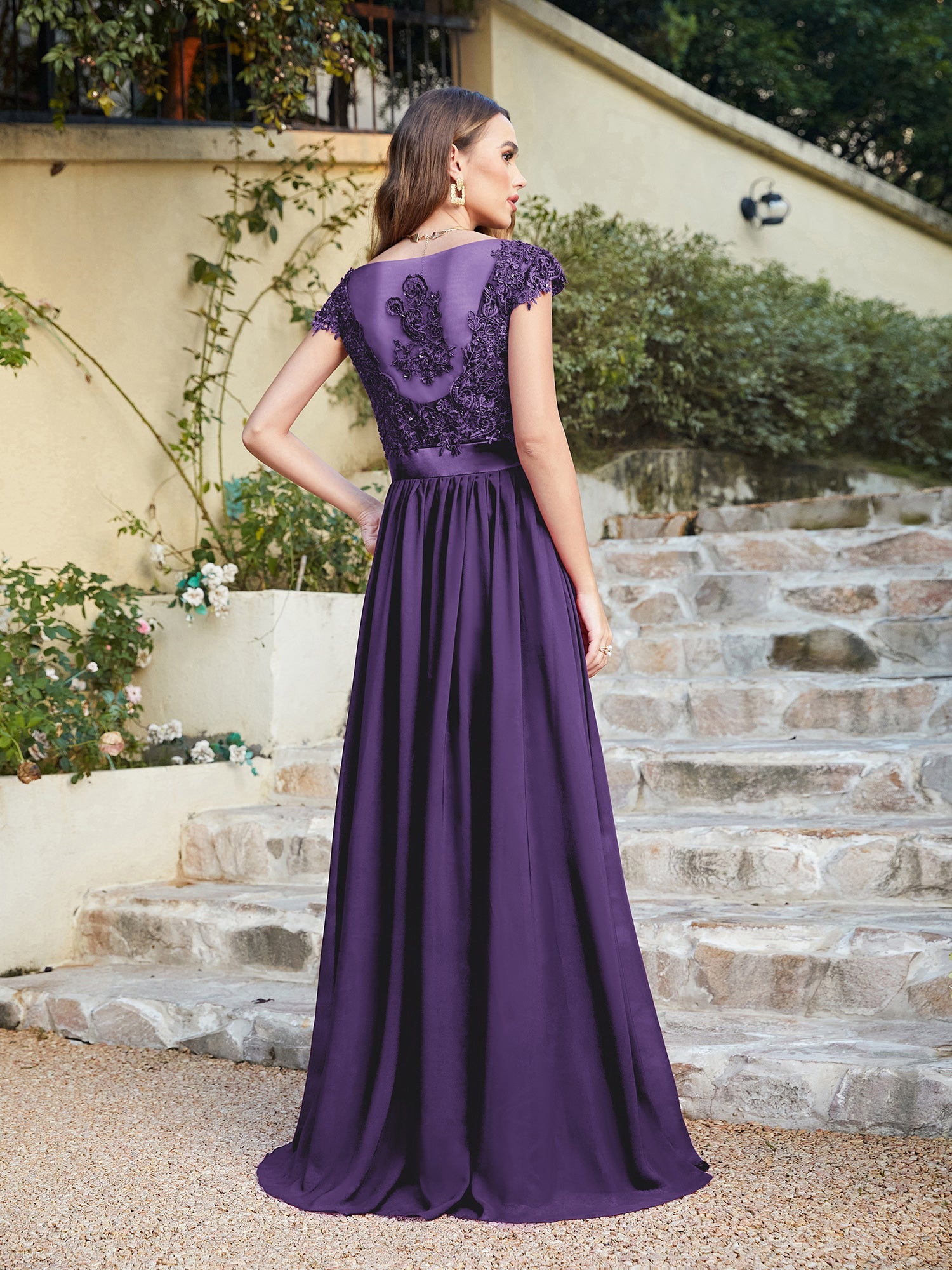 Long A line Scoop Neck Chiffon Floor Length Dress Lace Bridesmaid Dress