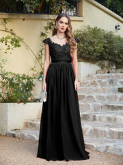 Long A line Scoop Neck Chiffon Floor Length Dress Lace Bridesmaid Dress