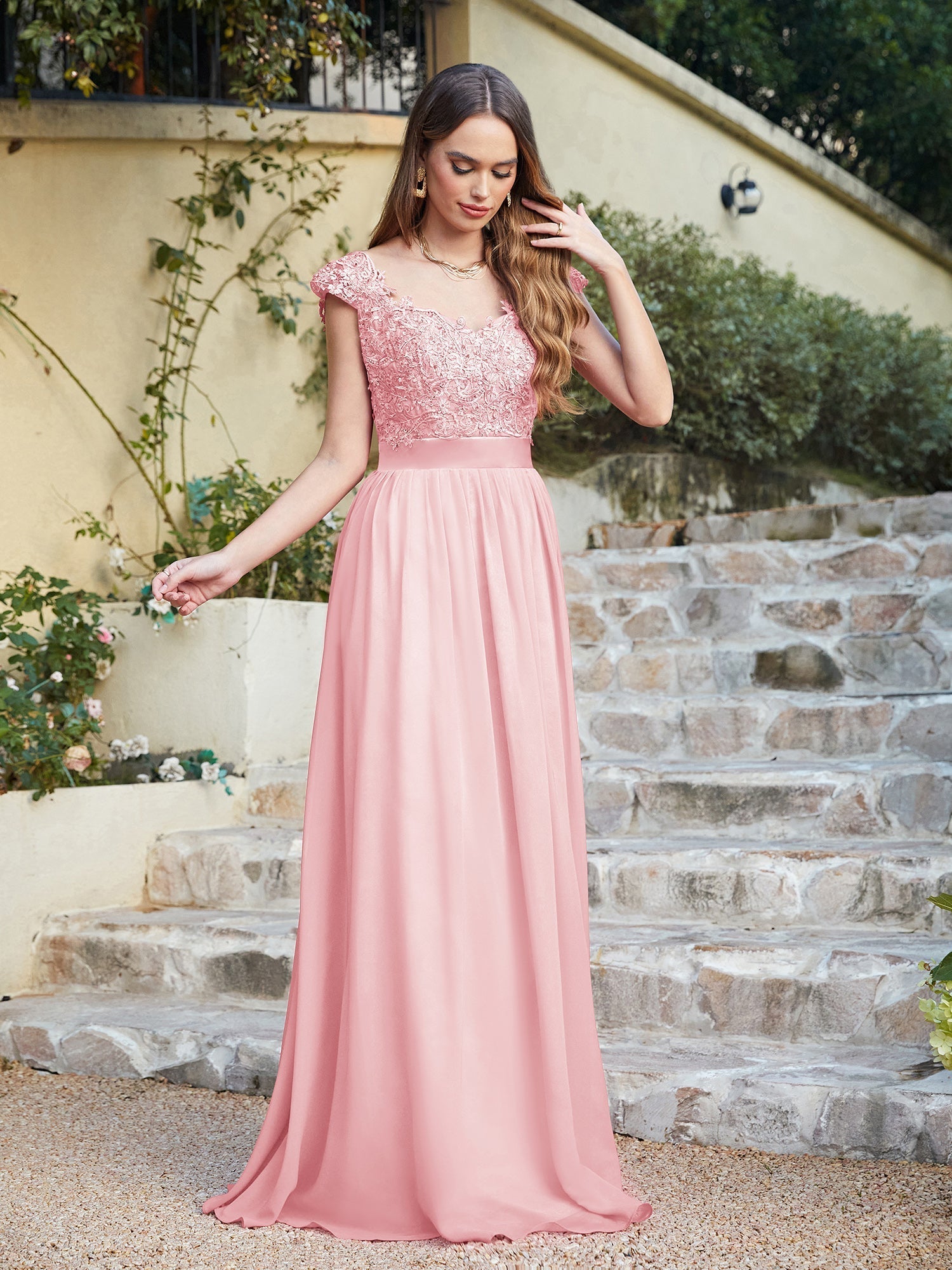 Long A line Scoop Neck Chiffon Floor Length Dress Lace Bridesmaid Dress
