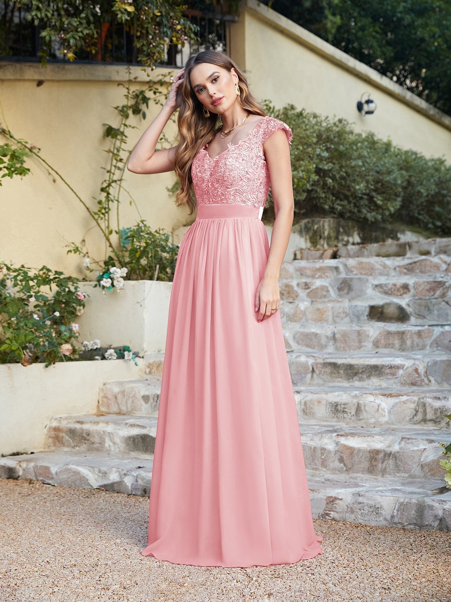 Long A line Scoop Neck Chiffon Floor Length Dress Lace Bridesmaid Dress