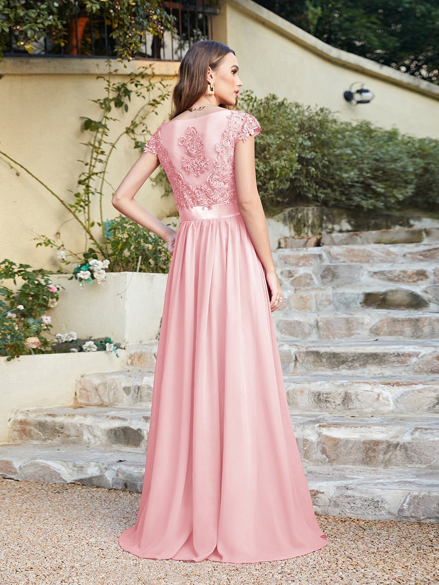 Long A line Scoop Neck Chiffon Floor Length Dress Lace Bridesmaid Dress