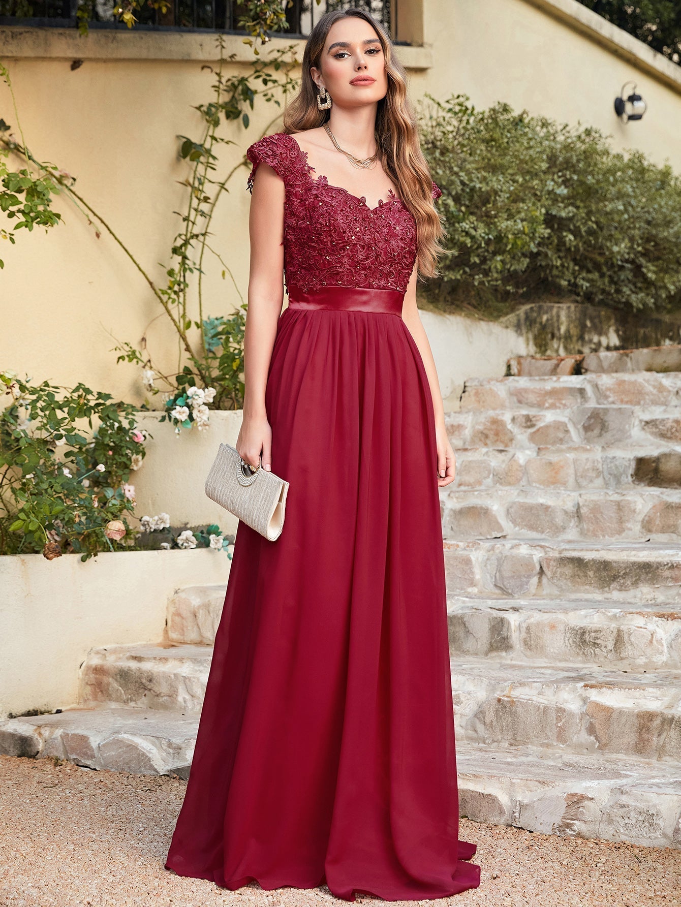 Long A line Scoop Neck Chiffon Floor Length Dress Lace Bridesmaid Dress