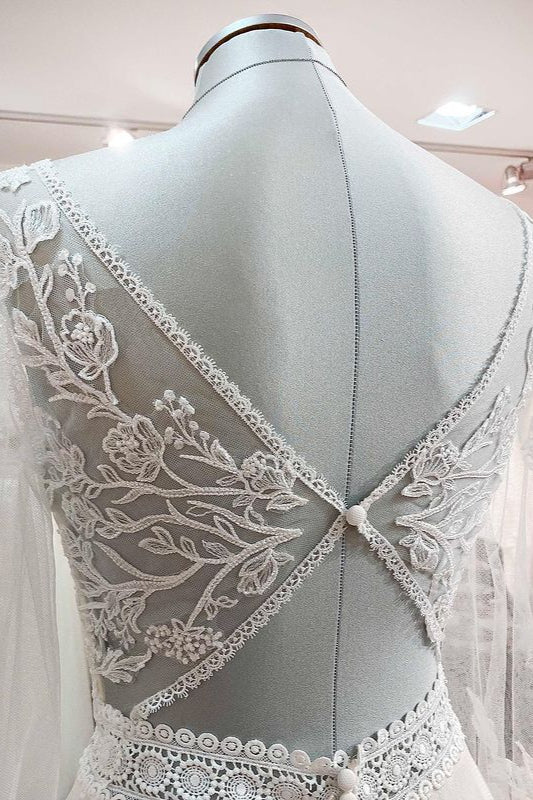 Long A-Line Sweetheart Wedding Dress with Sleeves, Appliques, Tulle, and Beadings