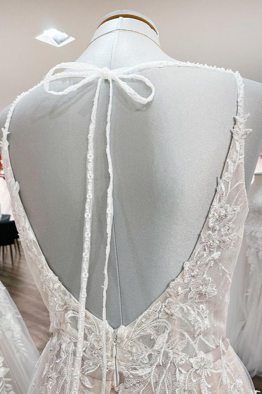 Long A-line V-neck Backless Wedding Dress With Ruffles