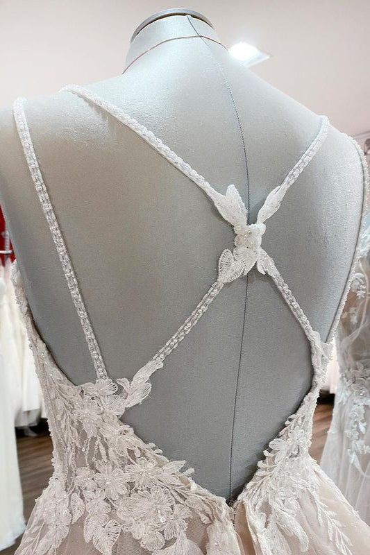 Long A-line V-neck Backless Wedding Dress With Ruffles