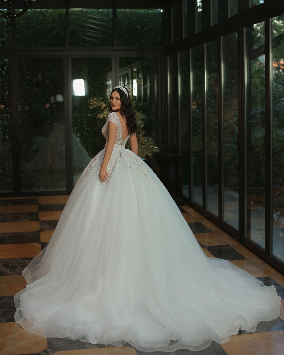 Long A-Line V-Neck Cap Sleeve Wedding Dress with Beaded Tulle