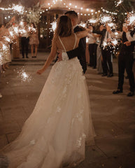 Long A-Line V-Neck Tulle Backless Wedding Dress with Lace Appliques