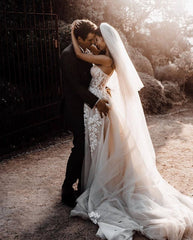 Long A-line Wedding Dress Sweetheart With 3D Floral Lace Appliques Tulle