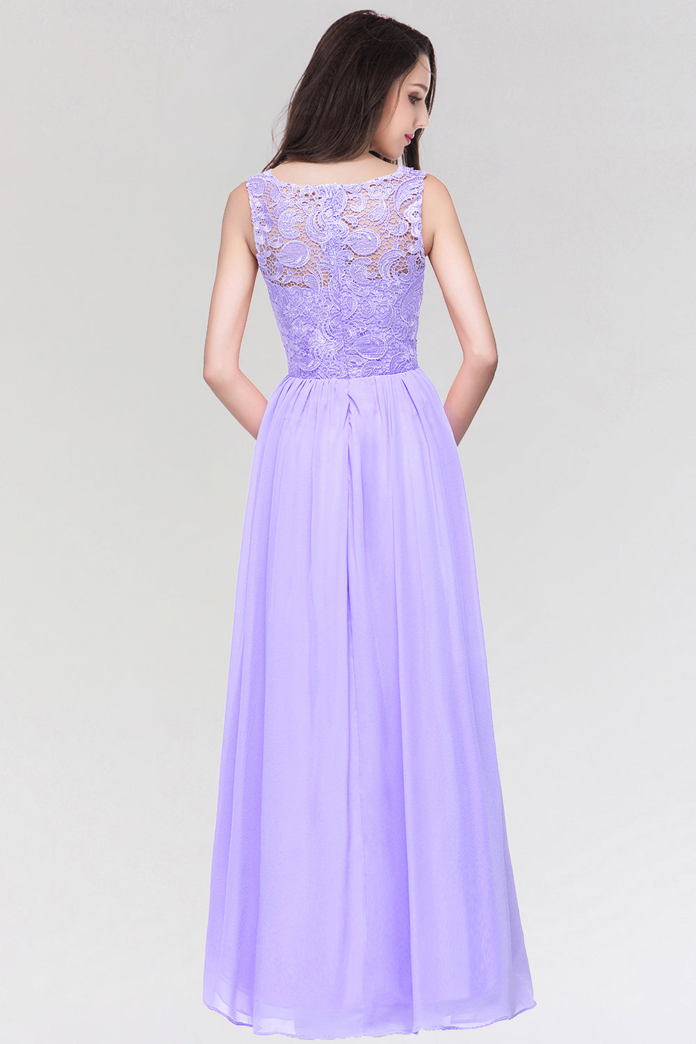 Long Chiffon Lace Sleeveless A Line Ruched Bridesmaid Dress