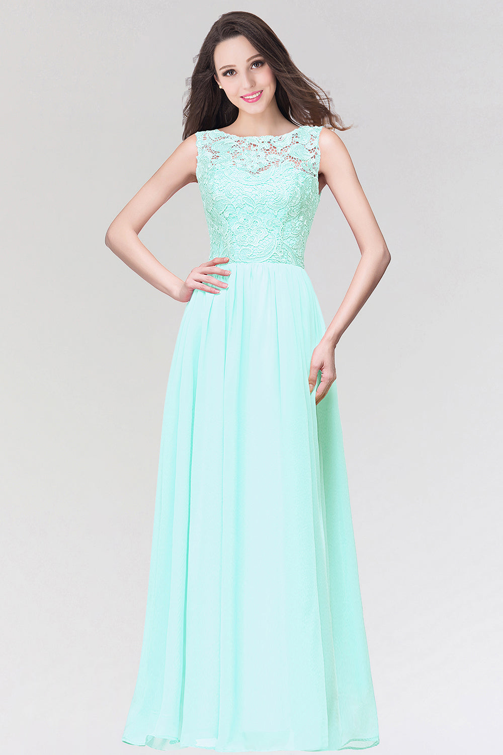 Long Chiffon Lace Sleeveless A Line Ruched Bridesmaid Dress