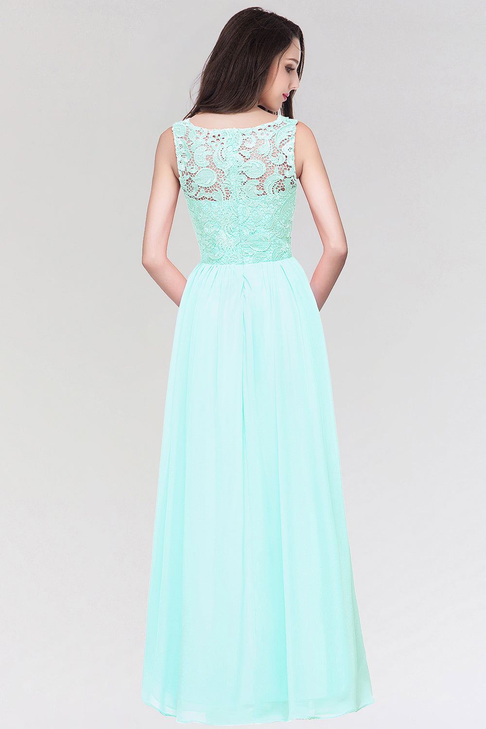 Long Chiffon Lace Sleeveless A Line Ruched Bridesmaid Dress