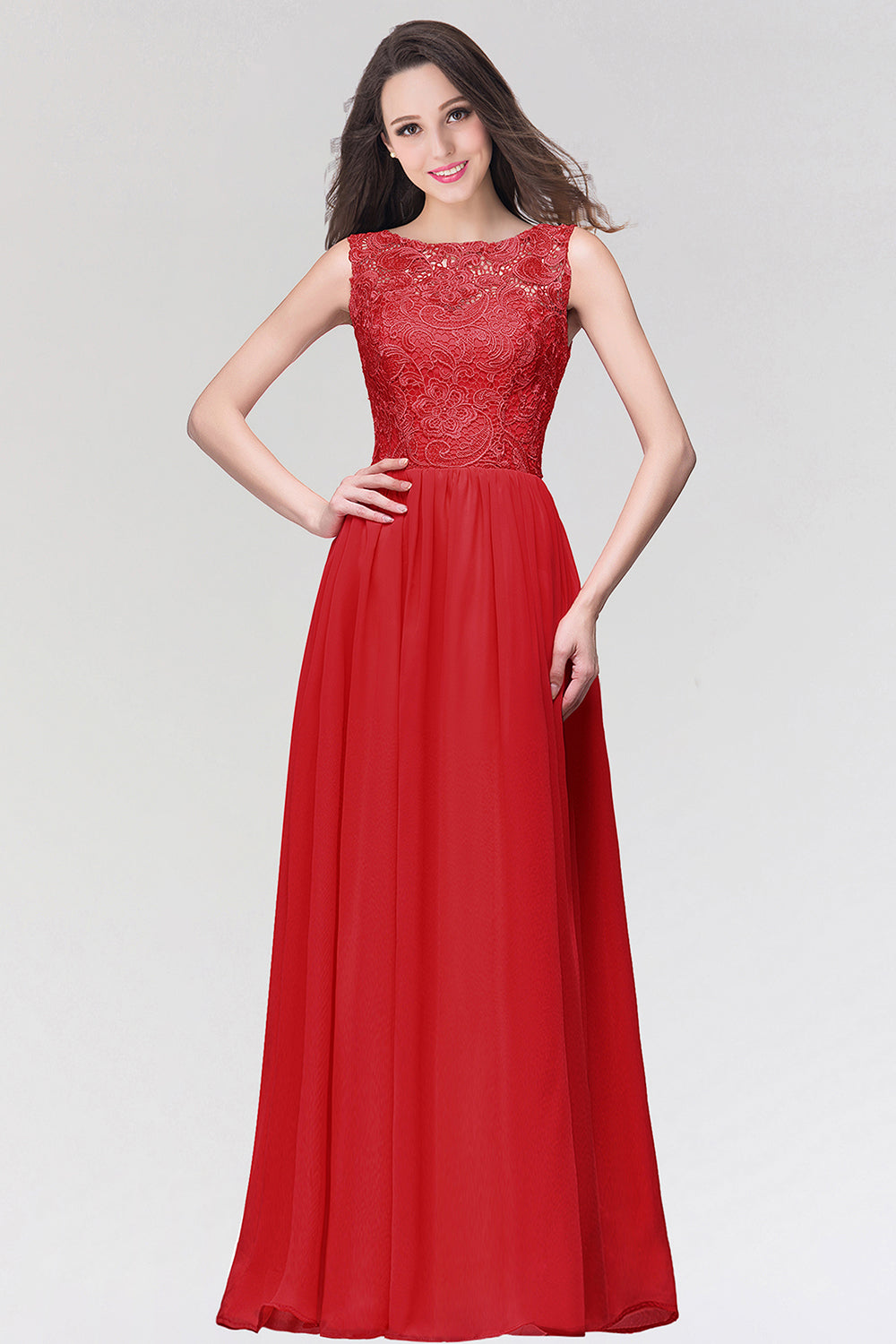 Long Chiffon Lace Sleeveless A Line Ruched Bridesmaid Dress