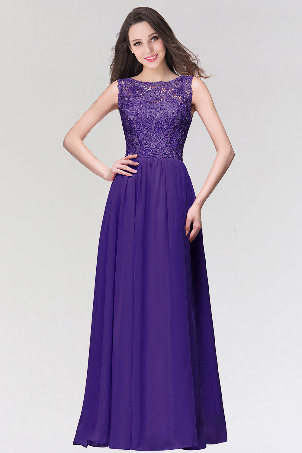 Long Chiffon Lace Sleeveless A Line Ruched Bridesmaid Dress