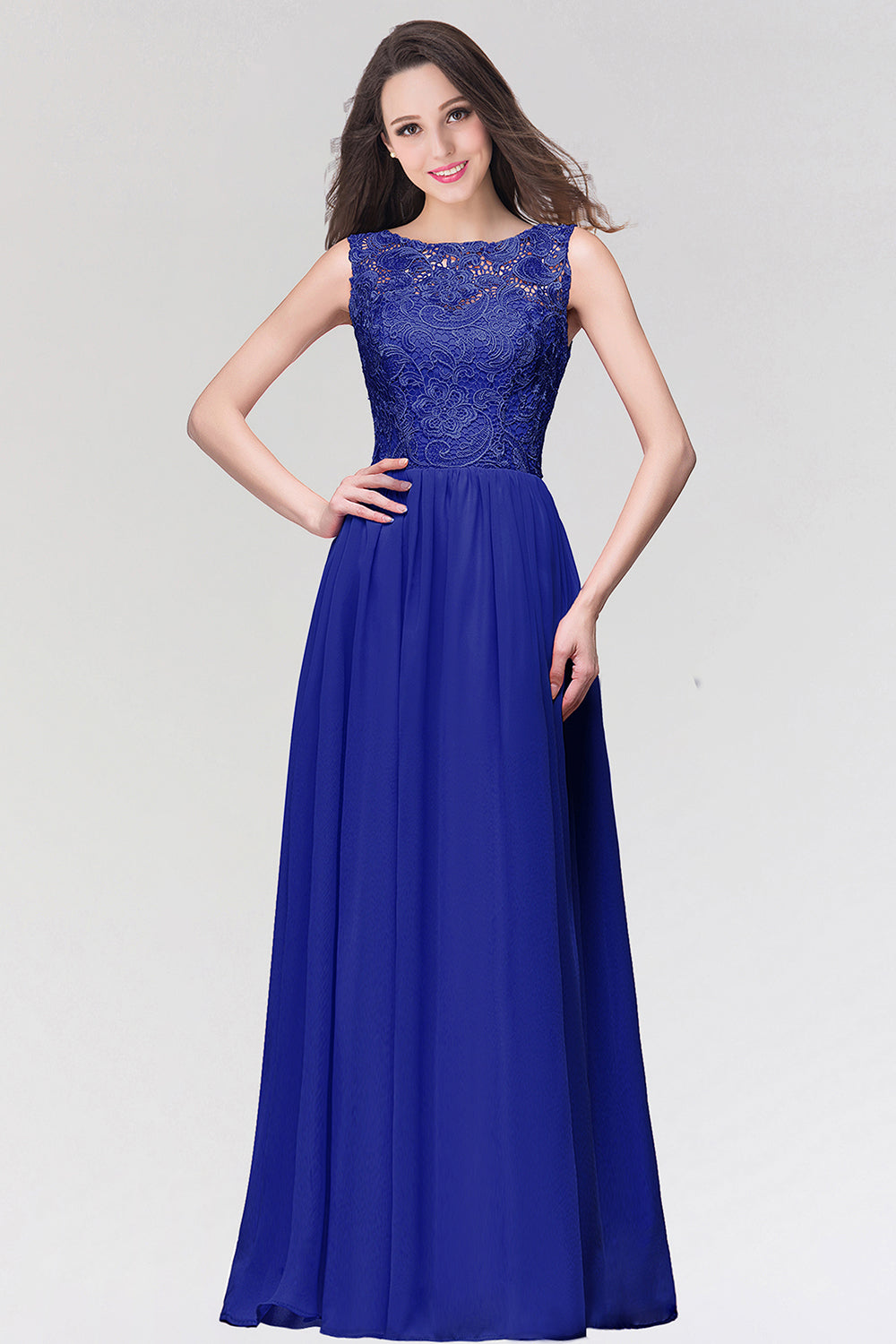 Long Chiffon Lace Sleeveless A Line Ruched Bridesmaid Dress