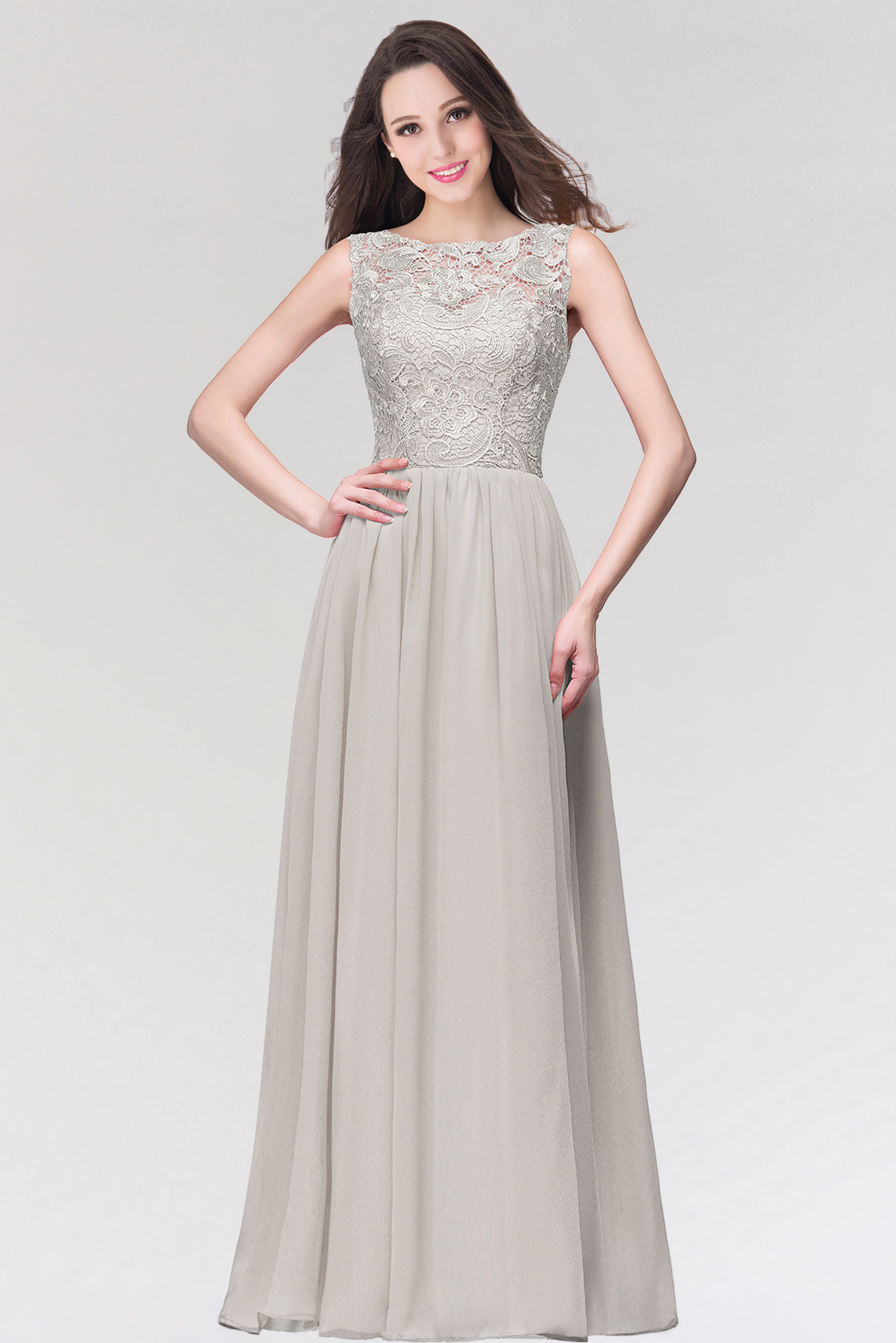 Long Chiffon Lace Sleeveless A Line Ruched Bridesmaid Dress