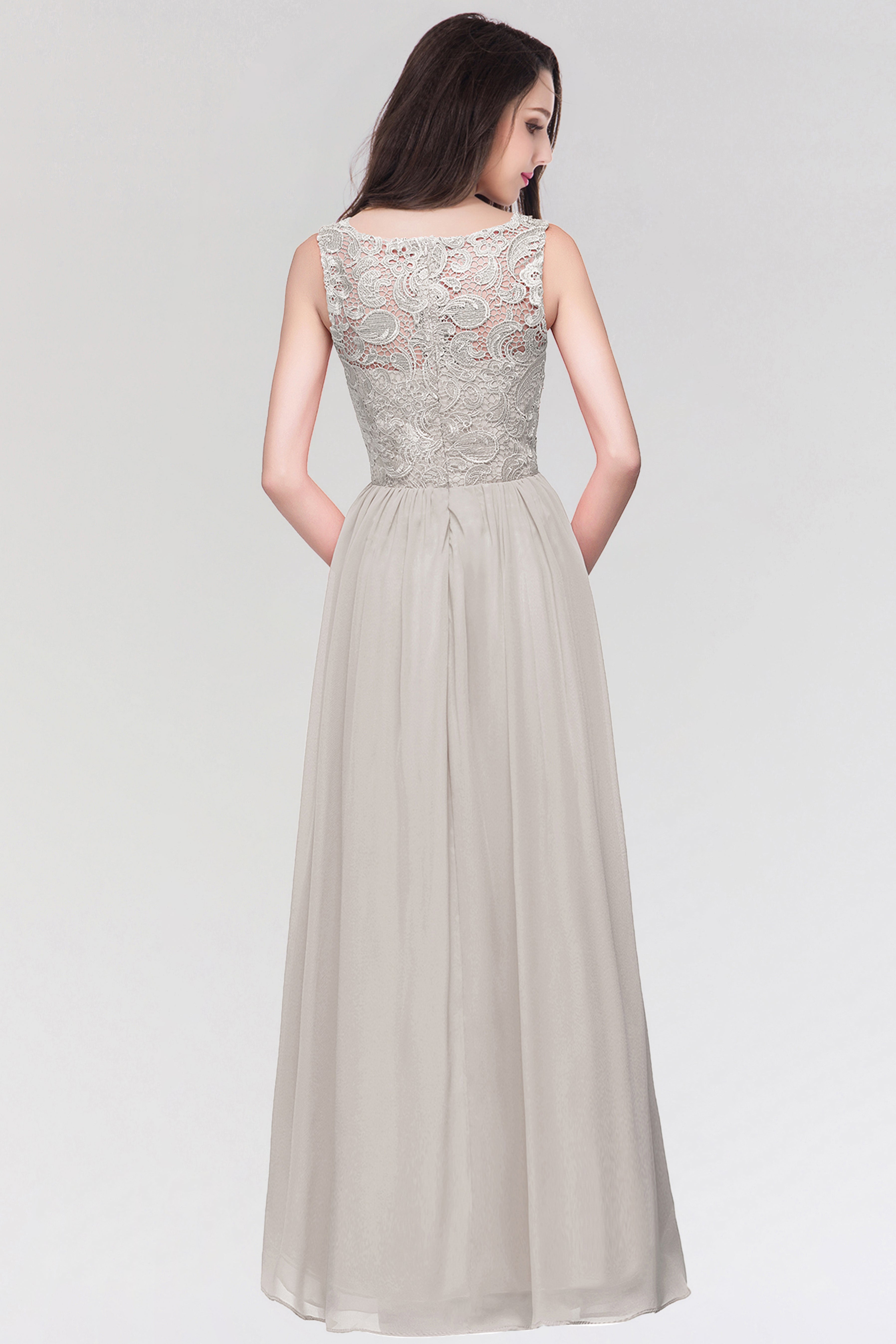 Long Chiffon Lace Sleeveless A Line Ruched Bridesmaid Dress