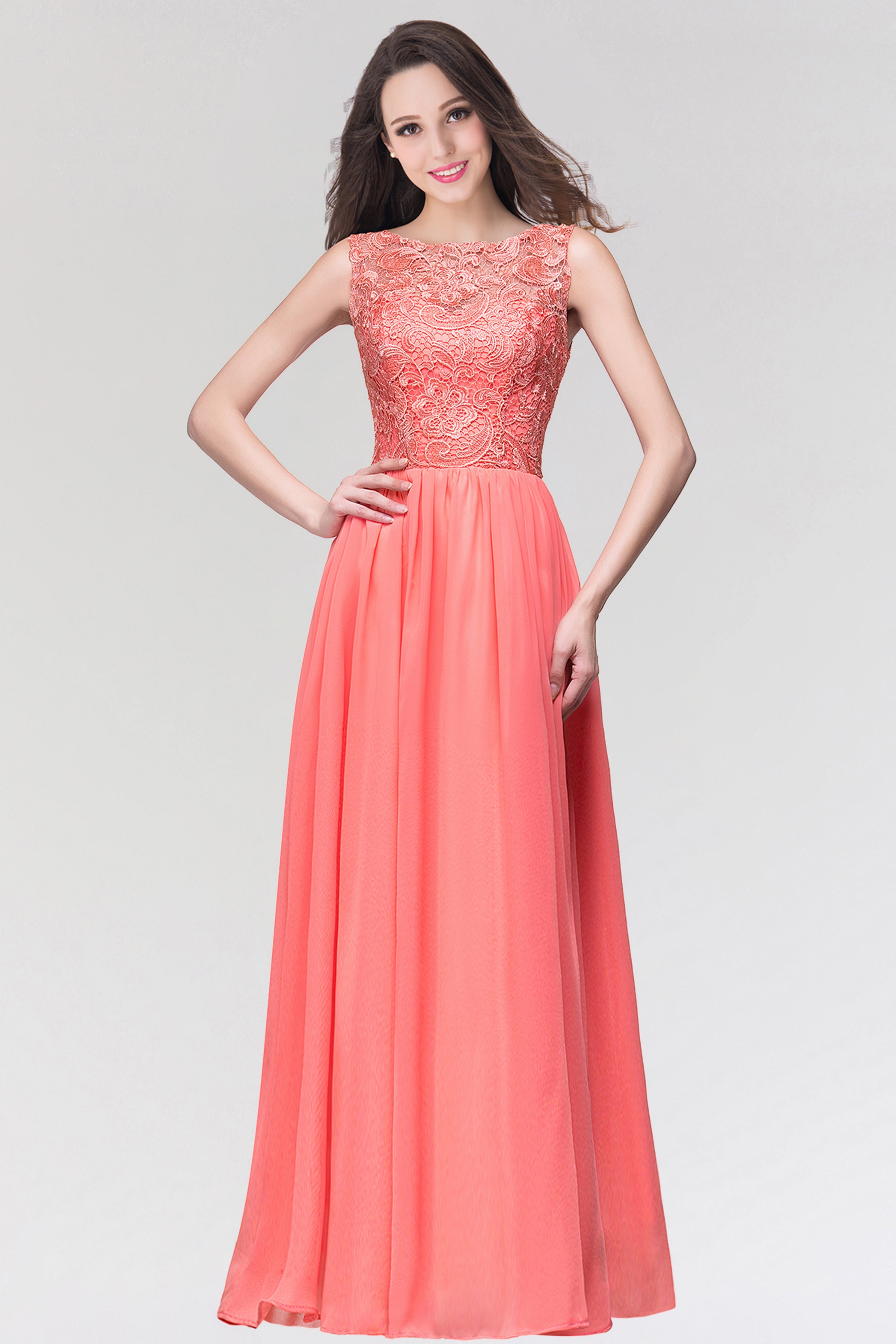 Long Chiffon Lace Sleeveless A Line Ruched Bridesmaid Dress