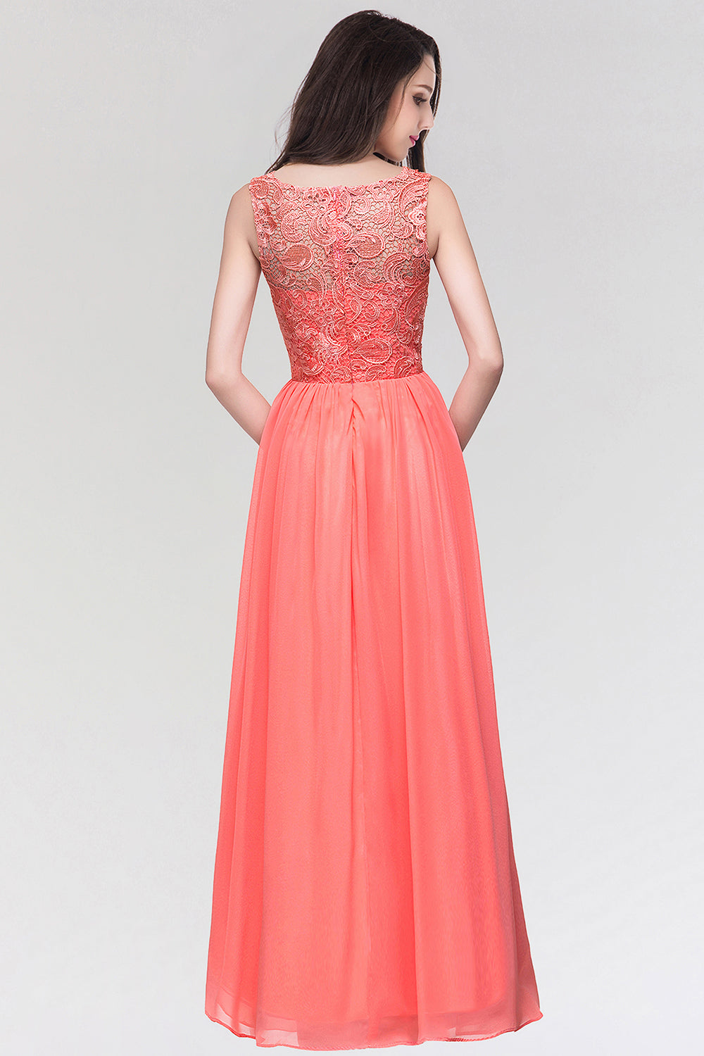 Long Chiffon Lace Sleeveless A Line Ruched Bridesmaid Dress