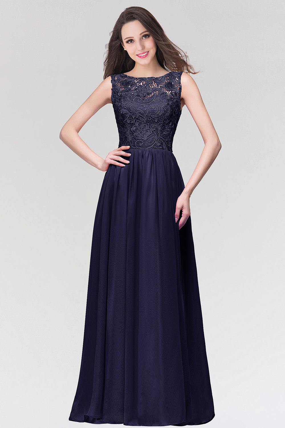 Long Chiffon Lace Sleeveless A Line Ruched Bridesmaid Dress